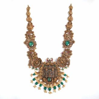 Antique Gold Nakshi Long Haram with Emeralds & Temple Shrine Pendant