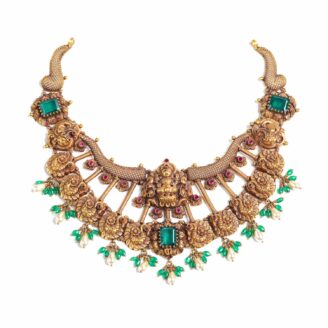 Antique Gold Lakshmi  Necklace with Emerald Green Stones