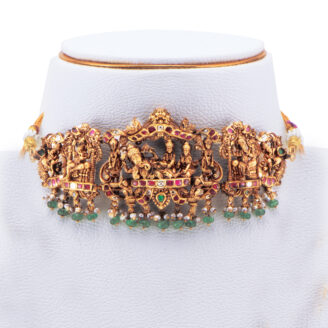 Gold Ganesha Multi-Deity Choker with Ruby & Emerald Stones