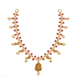Traditional 916 Gold Lakshmi Necklace with Ruby-Pink Stones & Pearls