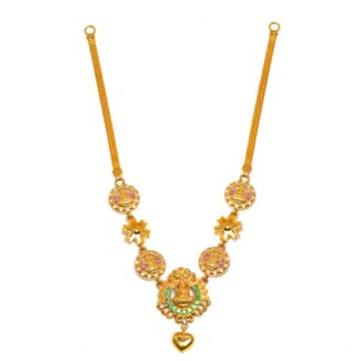 Traditional 916 Gold Lakshmi Necklace with Ruby & Emerald Stones