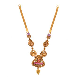 916 Gold Antique Lakshmi Necklace with Peacock Motifs & Purple Enamel