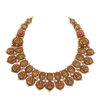 916 Gold Antique Temple Lakshmi Kasu Necklace & Ruby Accents