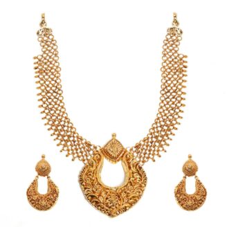 916 Gold Woven Mesh Necklace Set with Antique Floral Pendant & Matching Earrings