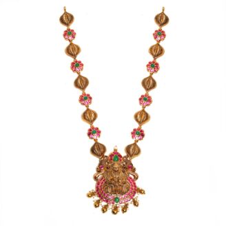 916 Gold Antique Lakshmi Haram with Ruby & Emerald Floral Design