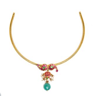 916 Gold Hasli Necklace with Kemp Stones, Pearls & Green Bead Drop
