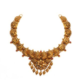 916 Gold Antique Finish Mango Necklace with Floral Centerpiece & Ruby Accents