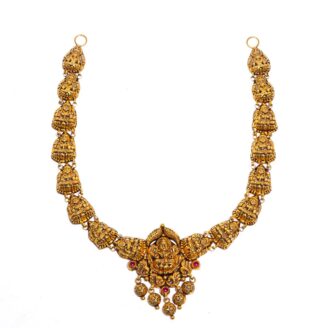 916 Gold Antique Lakshmi Necklace with Ruby & Gold Bead Drops
