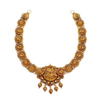 916 Gold Antique Floral Necklace with Traditional Temple Pendant & Red Stones