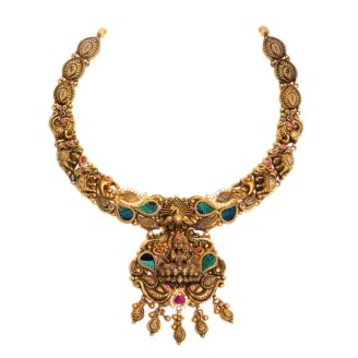 916 Gold Antique Lakshmi Necklace with Peacock & Elephant Motifs