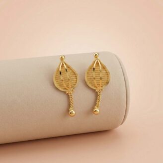 22K Gold Minimalist Leaf Drop Earrings with Mesh Detail