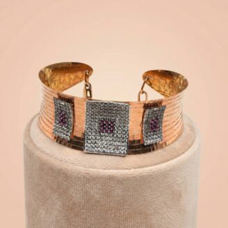 Modern 18k Gold Wide Cuff Bracelet with Pave Diamonds & Rubies